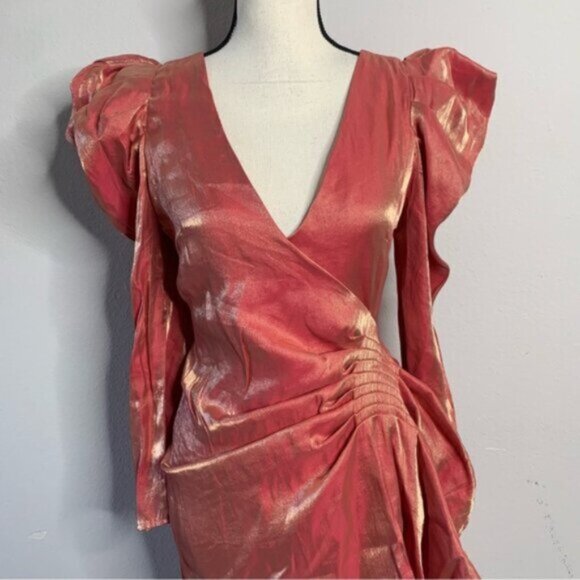 Elliatt Metallic Copper Gold Puff Shoulder Long Sleeve Wrap Mini Dress - Picture 7 of 13